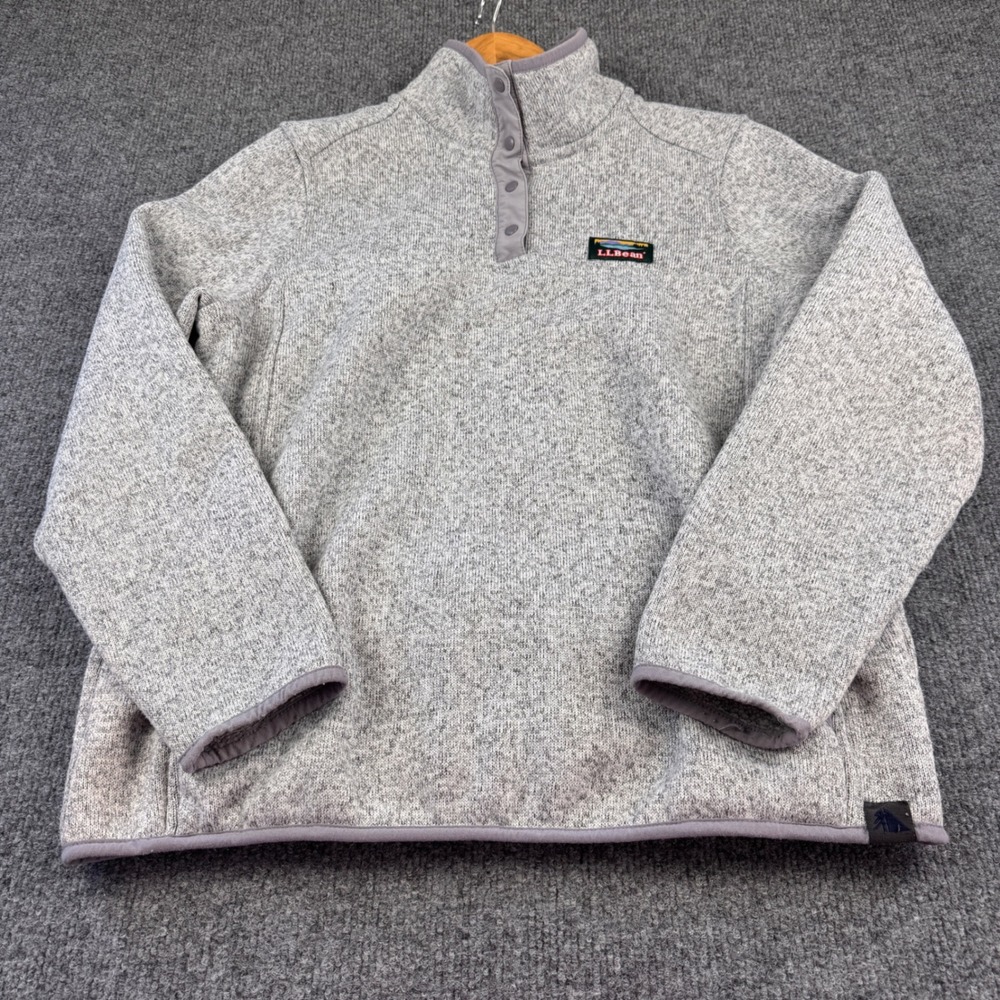 LL Bean Sweater Fleece Pullover Women M Petite Gray Excellent Snap Neck 503358